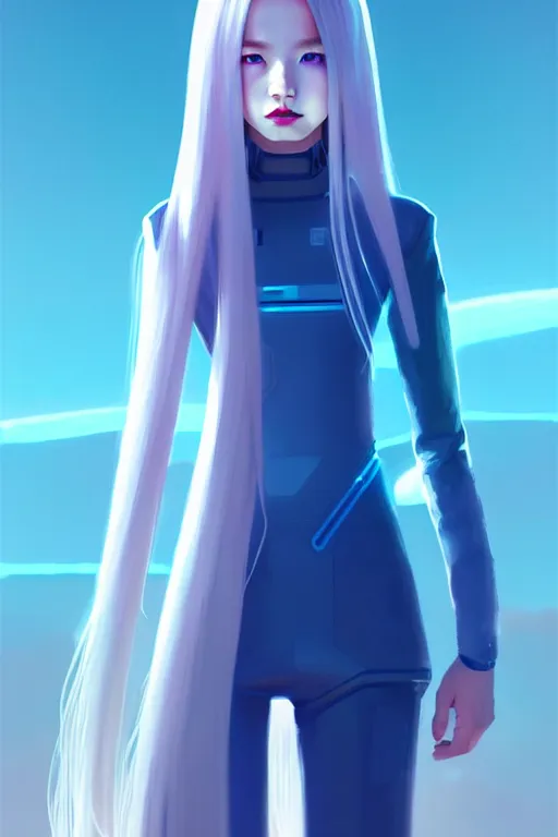 Image similar to perfect android girl family, full body character design, artgem, scifi, futuristic design, bae suzy, long white hair!!!, blue eyes, bold fashion and strong silhouettes, cinematic lighting, highly detailed, artstation, divine, by huifeng huang, beeple, goro fujita, smooth gradient.