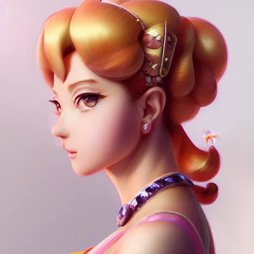 Image similar to 3 / 4 view of a portrait of princess peach, confident pose, genshin impact,, intricate, elegant, sharp focus, illustration, highly detailed, concept art, matte, trending on artstation, anime, art by wlop and artgerm and greg rutkowski, ilya kuvshinov, strong strokes, photo of princess peach h 6 4 0