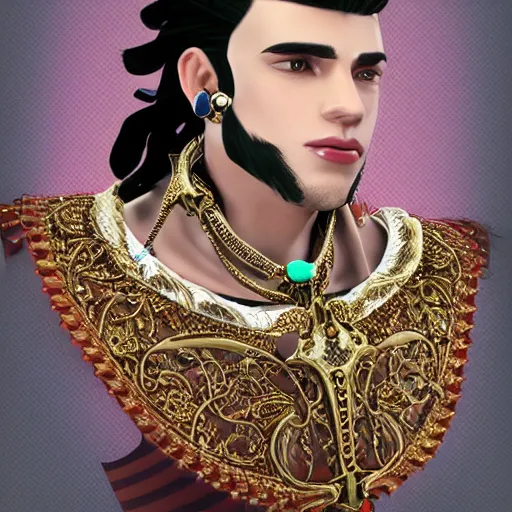 Prompt: a character model design of an extremely handsome young man wearing excessive jewelry in an ornate and elegant way