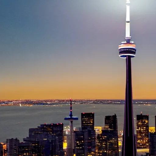 Image similar to Toronto tourist guide with planet mars as a head impaled on Toronto space needle, dramatic cinematic lighting