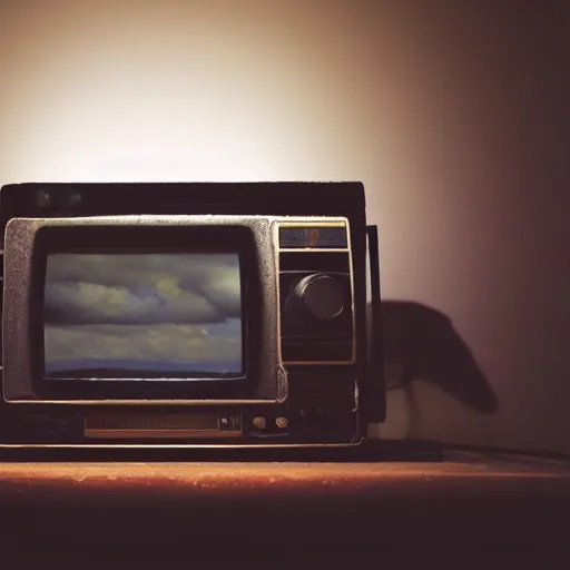 Image similar to a wide angle (((((((((close up)))))))))) professional studio photograph of a 90s television and VHS combo playing a video of clouds, key light, 50mm, shallow depth of field, no artefacts