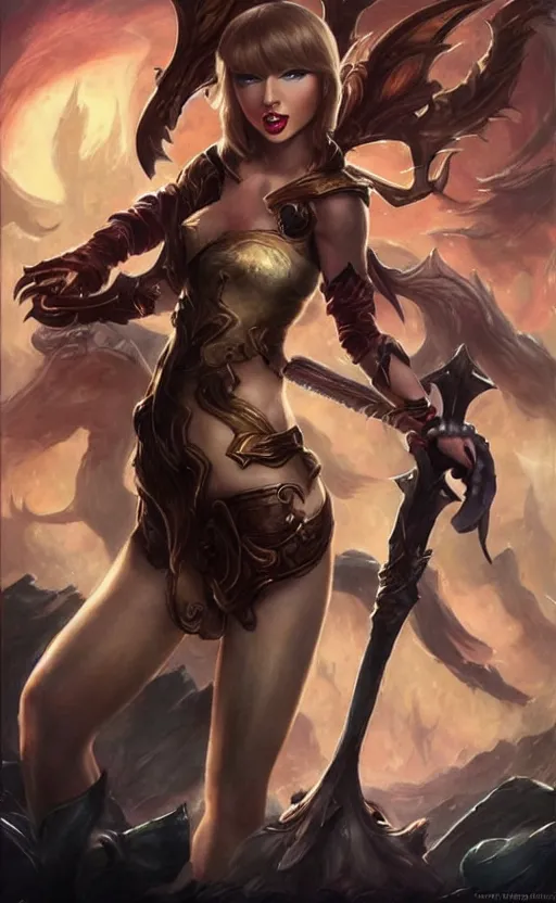 Prompt: taylor swift as a league of legends champion similar to seraphine from league of legends with a microphone in her hand as her weapon drawn in frank frazetta style, high quality, very well proportioned silhouette, contemporary art, taylor swift face