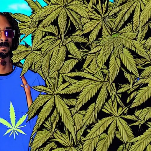 Prompt: snoop dog standing on a boat in front of huge cannabis plants, realistic digital art, highly detailed