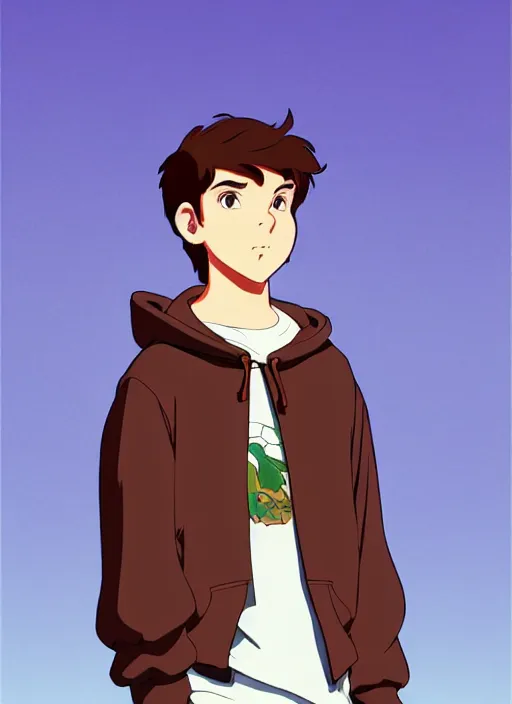 Prompt: teen boy with short brown hair, wearing a hoodie, hood up, natural lighting, path traced, highly detailed, high quality, cartoon, digital painting, by don bluth and ross tran and studio ghibli and alphonse mucha