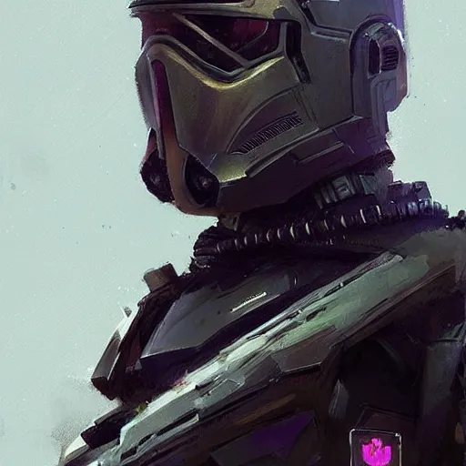 Image similar to concept art of a portrait by greg rutkowski, a soldier of the eternal empire wearing purple and black tactical gear, star wars expanded universe, smooth, sharp focus, artstation hq.