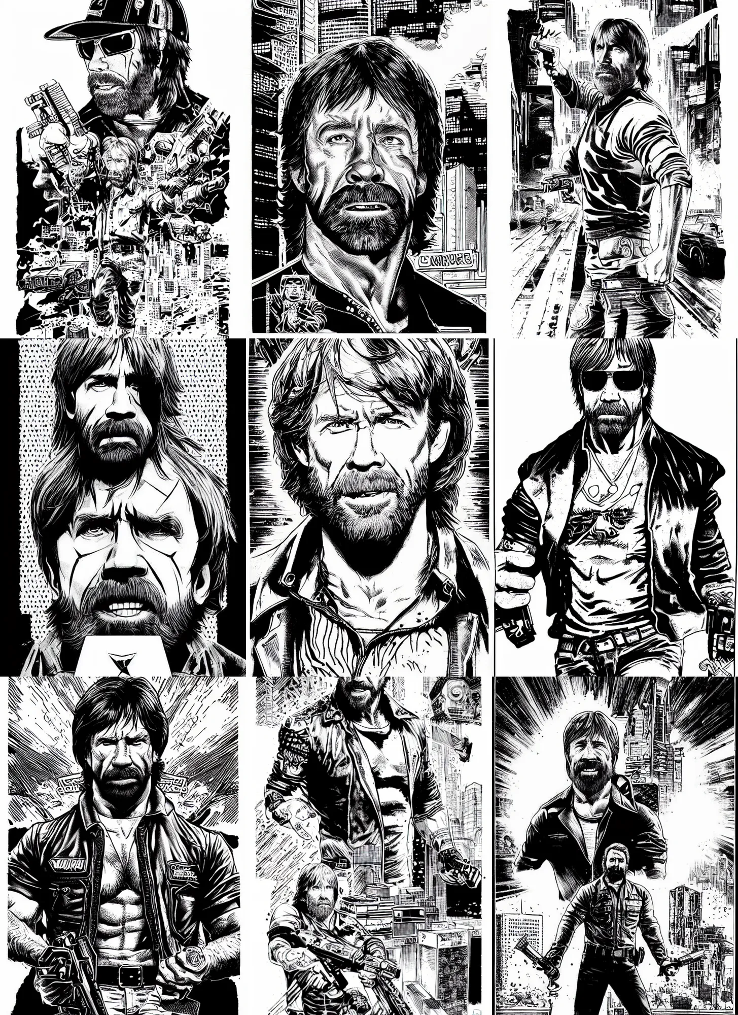 Prompt: chuck norris, portrait, cyberpunk 2 0 2 0 manual, by steampoweredmikej, by tim bradstreet, inktober, ink drawing, black and white, coloring pages, manga, highly detailed