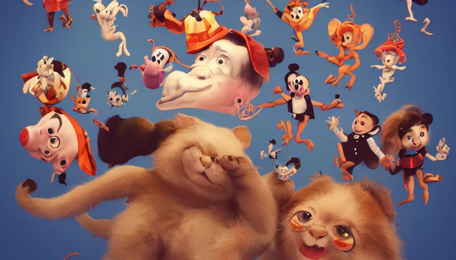 Prompt: very very very cute circus performers, baby creatures, character design for animation, 3d render, big disney eyes, max kostenko, bobby chiu, symmetrical eyes, cuteness, a lineup of characters, Trending on Artstation, oil on Canvas by Bobby Chiu and Norman Rockwell, octane render, 4k, 8k, HD