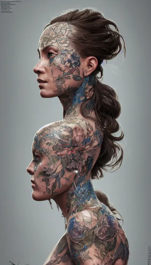 Image similar to tattooed lady, sweaty, insane, intricate, highly detailed, digital painting, artstation, concept art, smooth, sharp focus, illustration, Unreal Engine 5, 8K, art by artgerm and greg rutkowski and alphonse mucha