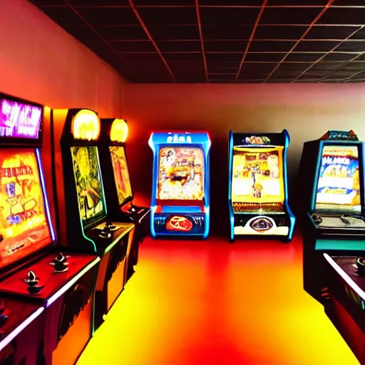 Image similar to beautiful fuzzy photograph of an empty liminal videogame arcade