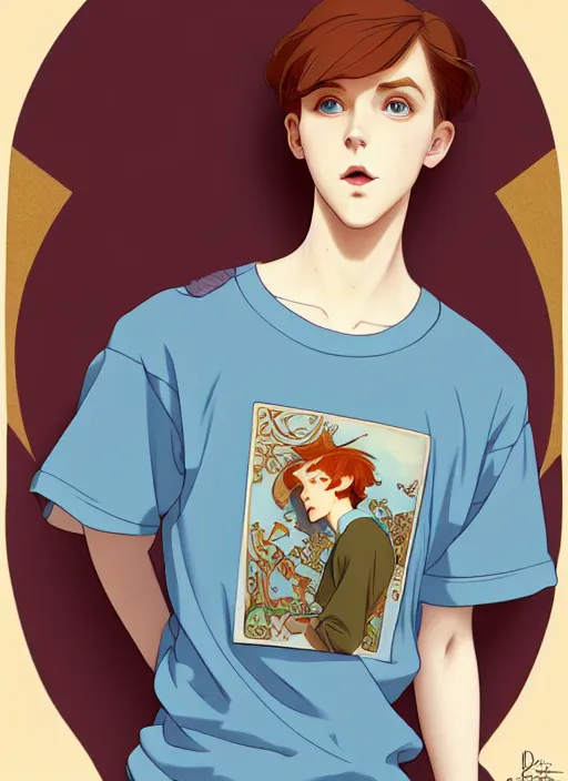 Image similar to art nouveau portrait of a teen boy with completely straight auburn hair, light blue eyes, pale skin, freckles, sad expression, t - shirt, modern casual clothing, natural lighting, path traced, highly detailed, high quality, cartoon, digital painting, by don bluth and ross tran and studio ghibli and alphonse mucha