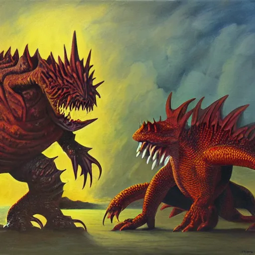 Prompt: tarrasque fighting a dracolich, oil painting