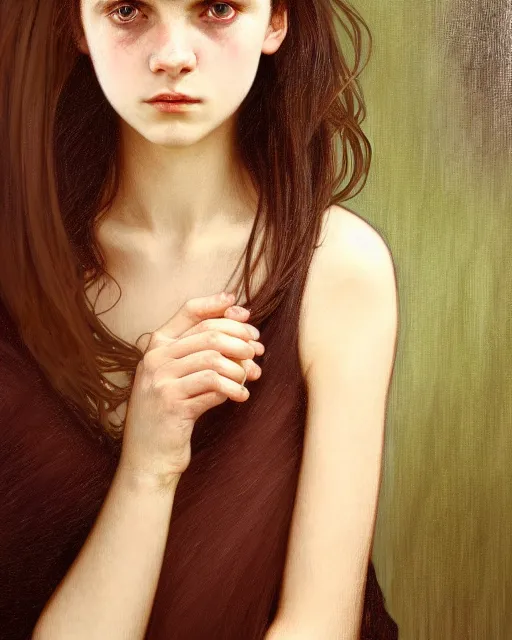 Image similar to portrait of a welsh teenage girl with brown hair, dark brown eyes, glowing skin, delicate features, quiet beauty, amelie poulain, fantasy, intricate, elegant, dress shirt, highly detailed, digital painting, artstation, concept art, smooth, sharp focus, illustration, art by Krenz Cushart and Artem Demura and alphonse mucha