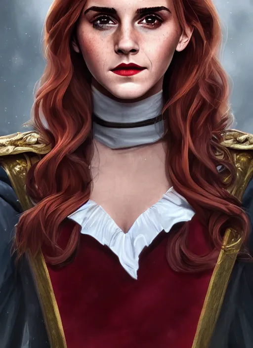 Image similar to a highly detailed illustration of emma watson as a long dark red haired wearing wine red epaulette uniform and coat cape, dramatic smiling pose, perfect face, intricate, elegant, highly detailed, centered, digital painting, artstation, concept art, smooth, sharp focus, league of legends concept art, wlop