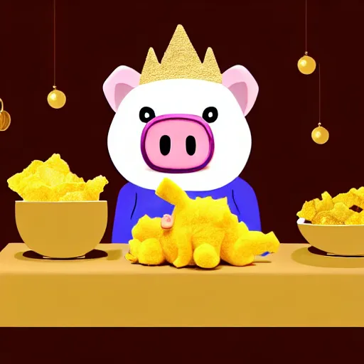 Image similar to realistic photo of a cute felt stuffed animal pig wearing a gold crown eating a bowl pork rinds and pickles at table with a bib on, high quality, cinematic concept art