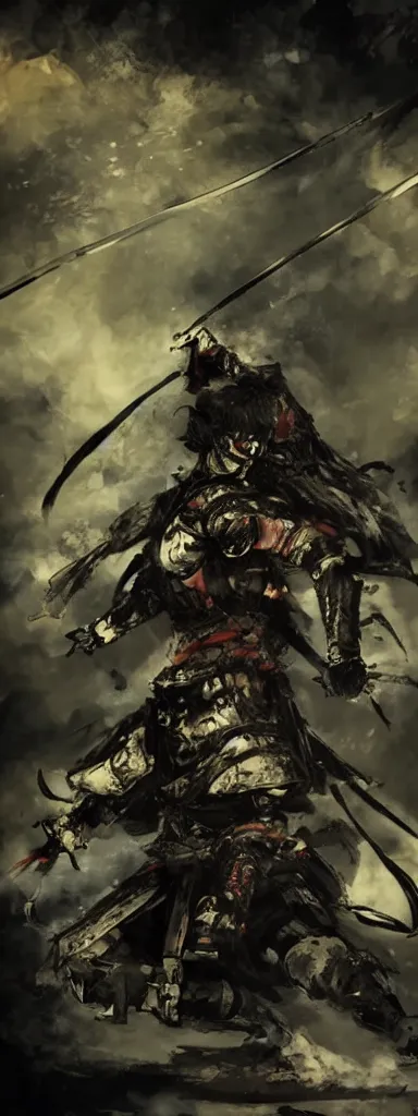 Prompt: Concept art of a dog in samurai armor, surrounded by black smoke, smoky, full body wuxia, Wudang Swordmanship by Chen Uen, art by Yoji Shinkawa, 4k