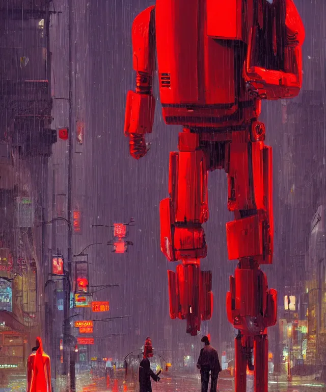 Image similar to big red robot waiting in street from paris or neo tokyo , humid ground, people and creatures walking holding neon ombrellas, volumetric light, bokeh light from top, science fiction elements like droids or computer screens, brutalist architecture, rainy mood, artstation, art by françois schuiten and moebius and pascal campion