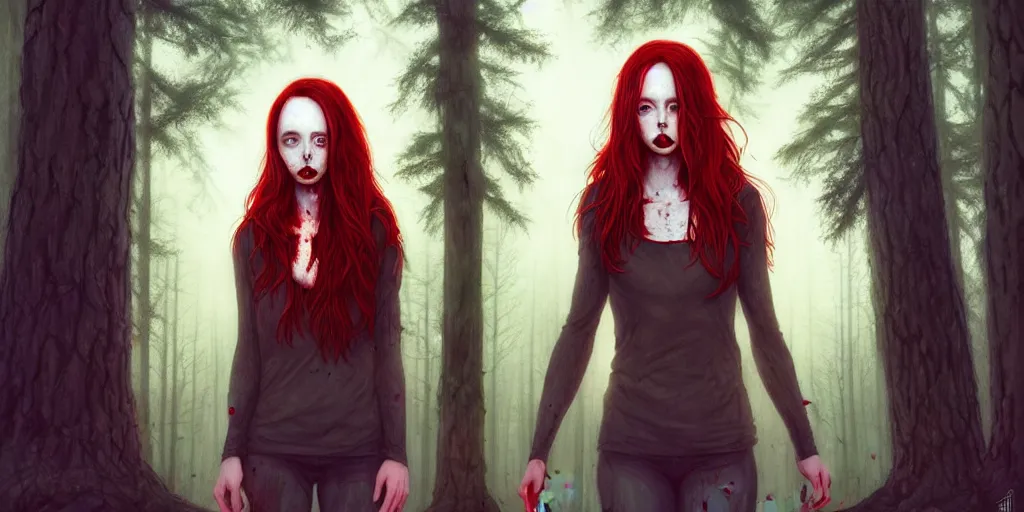 Image similar to surrounded by trees, realistic character concept, gorgeous Kacey Rohl, red hair, small freckles, symmetrical face, symmetrical eyes, full body, covered in blood, dark forest, Wendigo in background, trees, shorter neck, cinematic lighting, Joshua Middleton and artgerm, fear anxiety terror