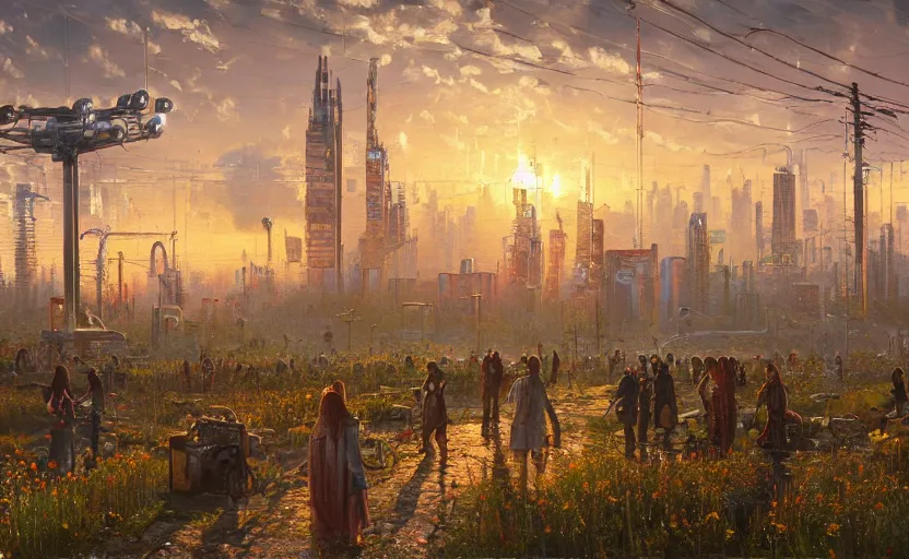 Prompt: A beautiful and intricate oil painting of Cyberpunk midsommar celebration, hyperrealism concept art, dystopian celebration, swedish urban landscape, volumetric lighting, raytracing, cinematic widescreen shot, 8k resolution, ultra realistic painting by Simon Stalenhag and Thomas Kinkade