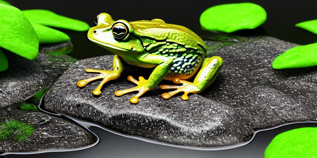 Image similar to A frog sitting on a glistening creek rock, flowing clear water creek bed, photorealistic 3D artwork.