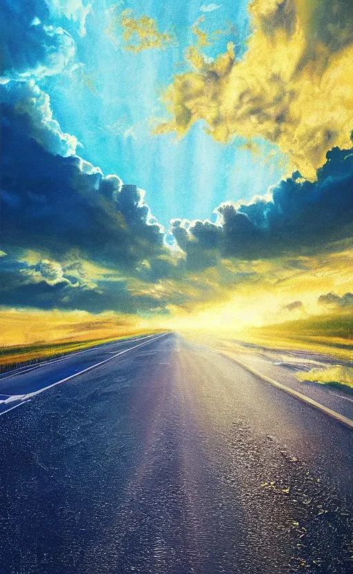 Image similar to paperback book cover. 2 0 0 0 s. pure colors, melting clouds, accurately drawn details, a sunburst above a receding road with the light reflected in furrows and ruts, after rain. photorealistic. octane render. cinematic. trending on artstation. textless.