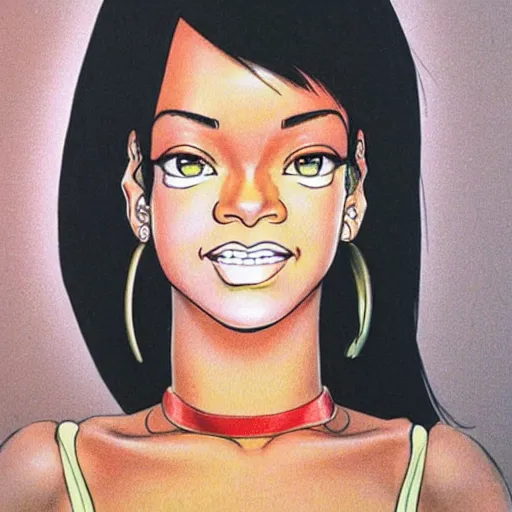 Image similar to a portrait of rihanna drawn by akira toriyama, 8 0 s, pastel color, manga