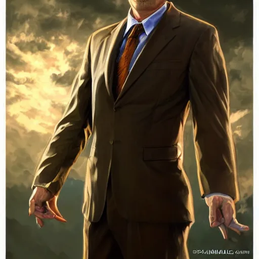 Image similar to saul goodman, fantasy character portrait, dynamic pose, above view, sunny day, very coherent asymmetrical artwork, sharp edges, perfect face, simple form, 1 0 0 mm by stanley artgerm lau, greg rutkowski, thomas kindkade, alphonse mucha, loish