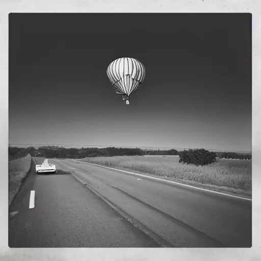 Image similar to a hot air balloon flying in the middle of the road, liminal space, uncanny, saturated, eerie, morbid
