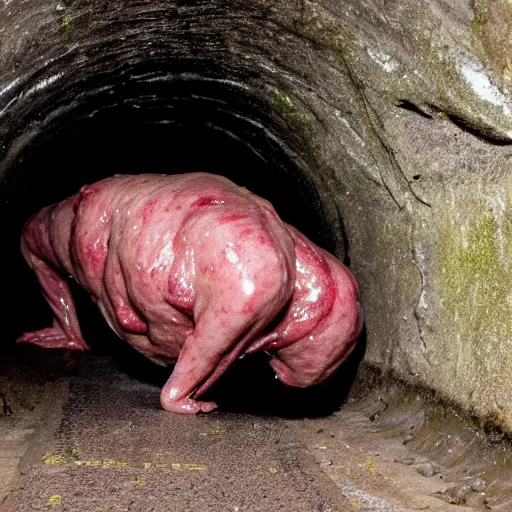 Image similar to glistening wet meaty minion crawling on its knees through a small tunnel, looking up towards the camera, horrifying atmosphere, cave photograph