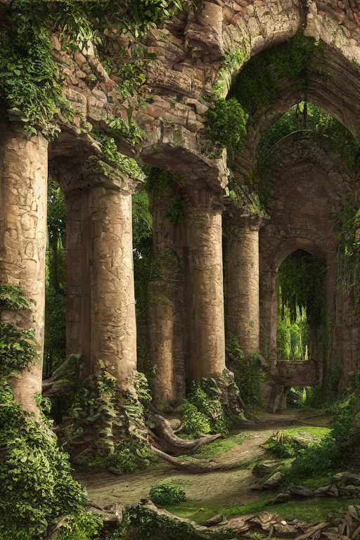 Prompt: gigantic castle, arches adorned pillars, towers, archways, gnarly trees, lush vegetation, forrest, landscape, alex ross, neal Adams, david finch, , concept art, matte painting, highly detailed, rule of thirds, dynamic lighting, cinematic, detailed, denoised, centerd