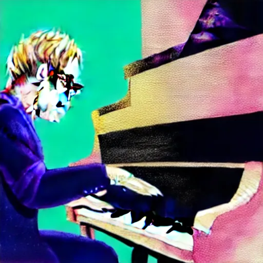Image similar to a painting of elton john playing the piano in the middle of a garden, dreamy, shrubery, flowers, golden hour, dreamy, 8 k concept art, enhanced hands, hyperrealistic, by studio ghibli, disney - style