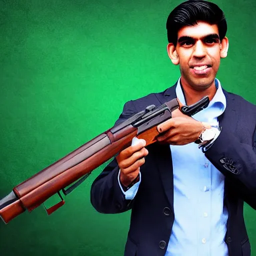 Image similar to Medium shot photograph of Rishi Sunak politician holding an AK-47, 8k, ultrahd