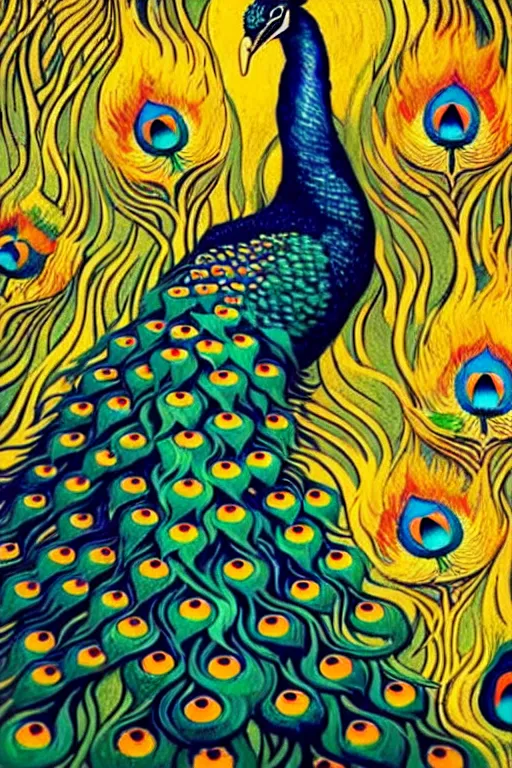 Prompt: the vision of the universal peacock by casey weldon and vincent van gogh, symbolist, visionary