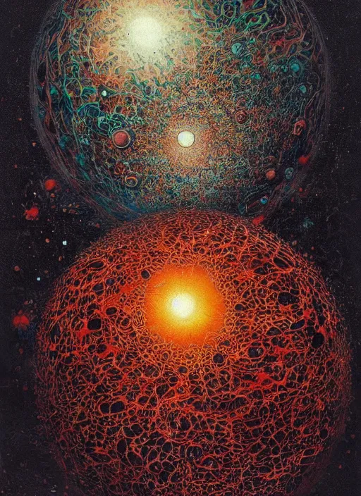 Prompt: spheres being covered by extremely detailed splatters of abstract pant, exploding, cracking planets and moons engulfed in flames in the style of, pascal blanche, surreal, beksinski, high detailed