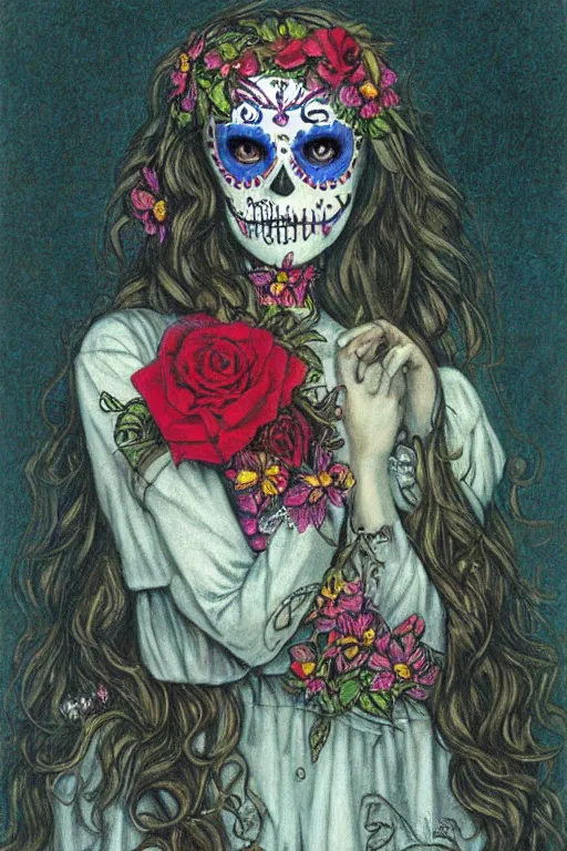 Image similar to Illustration of a sugar skull day of the dead girl, art by edward robert hughes