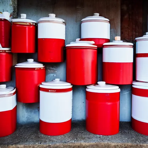 Image similar to pile of red canisters and white bags near wall