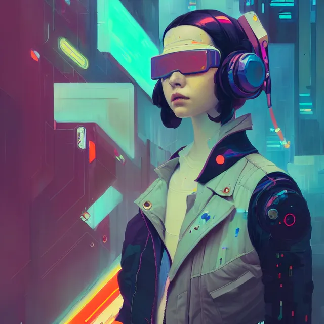 Prompt: a beautiful painting of a cyberpunk girl by sachin teng and pascal blanche and victo ngai and greg rutkowski. in style of futurism art. brush stroke, vibrating colors, hyper detailed. 4 k texture. octane render. trending on artstation