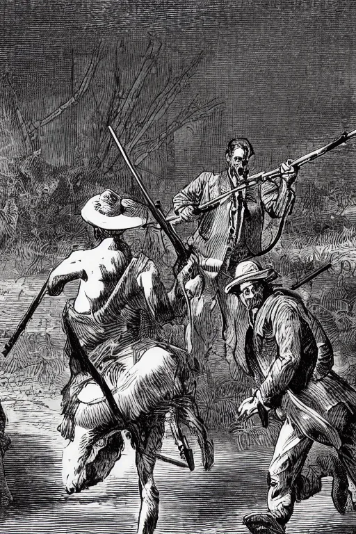 Image similar to 19th century wood-engraving of a lone British man point a musket at the back standing with his back turned to the viewer, mammoth running away in the background, whole page illustration from Jules Verne book, art by Édouard Riou Jules Férat and Henri de Montaut, high quality, beautiful, removed watermarks