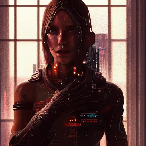 Image similar to portrait of cyberpunk woman looking out of a window, cyberpunk setting, futuristic, highly detailed, intricate lighting, digital painting, sharp focus, illustration, trending on artstation, art by wlop.