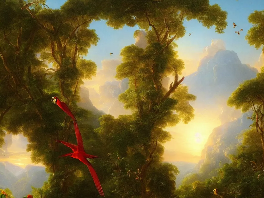 Image similar to gorgeous macaws flying at dawn in the distance through the forest, jungle mountains in the background, highly detailed, heavenly lighting, trending on art station, very detailed birds, painting by thomas cole