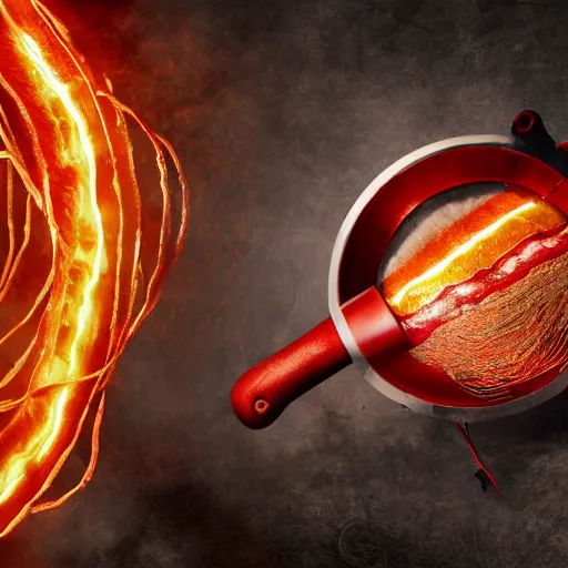 Image similar to red hot frying pan with bacon, tangles of metallic cables, dark messy smoke - filled cluttered workshop, dark, dramatic lighting, orange tint, sparks, plasma charges, cinematic, highly detailed, sci - fi, futuristic, movie still