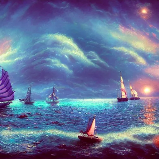 Prompt: on the deep sea, there are blue, roses floating, depicting the moonlight shining, several large sailboats are sailing on the sea. there are magic clouds in the sky and feers on the sea the stars are shining, dreamy, surreal, thomas, kinkade, ross tran, klein blue, hd, very detailed - - hd