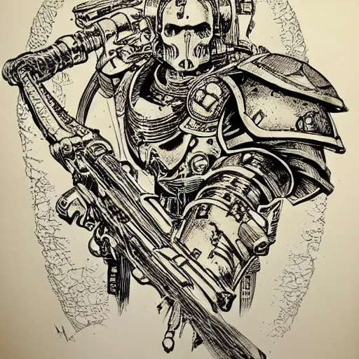 Prompt: a beautifully detailed Warhammer 40k Inquisitor Portrait. Pen and ink by moebius.