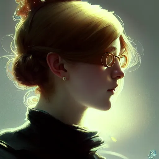 Image similar to portrait of a scottish teenage girl with dark blonde hair, glowing skin, delicate features, nerdy, fantasy, intricate, elegant, dress shirt, highly detailed, digital painting, artstation, concept art, smooth, sharp focus, illustration, art by Krenz Cushart and Artem Demura and alphonse mucha