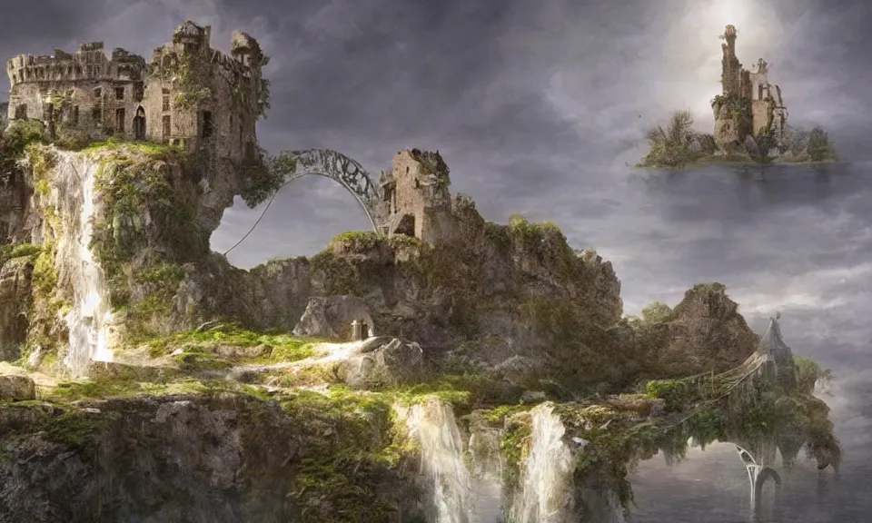 Prompt: a floating island in the stratosphere with the ruins of a small castle and a single suspension bridge leading to it, stunning digital illustration, by james gurney, cinematic lighting, very detailed, mystical, beautiful and mysterious