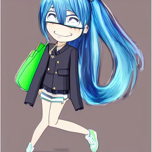 Image similar to girl with blue hair, green eyes, japanese student\'s outfit, carrying a purse, chibi art style, detailed, smiling