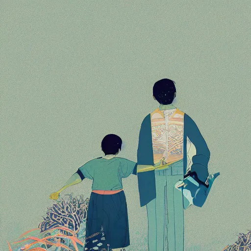 Image similar to a son imitate his father, illustration by victo ngai