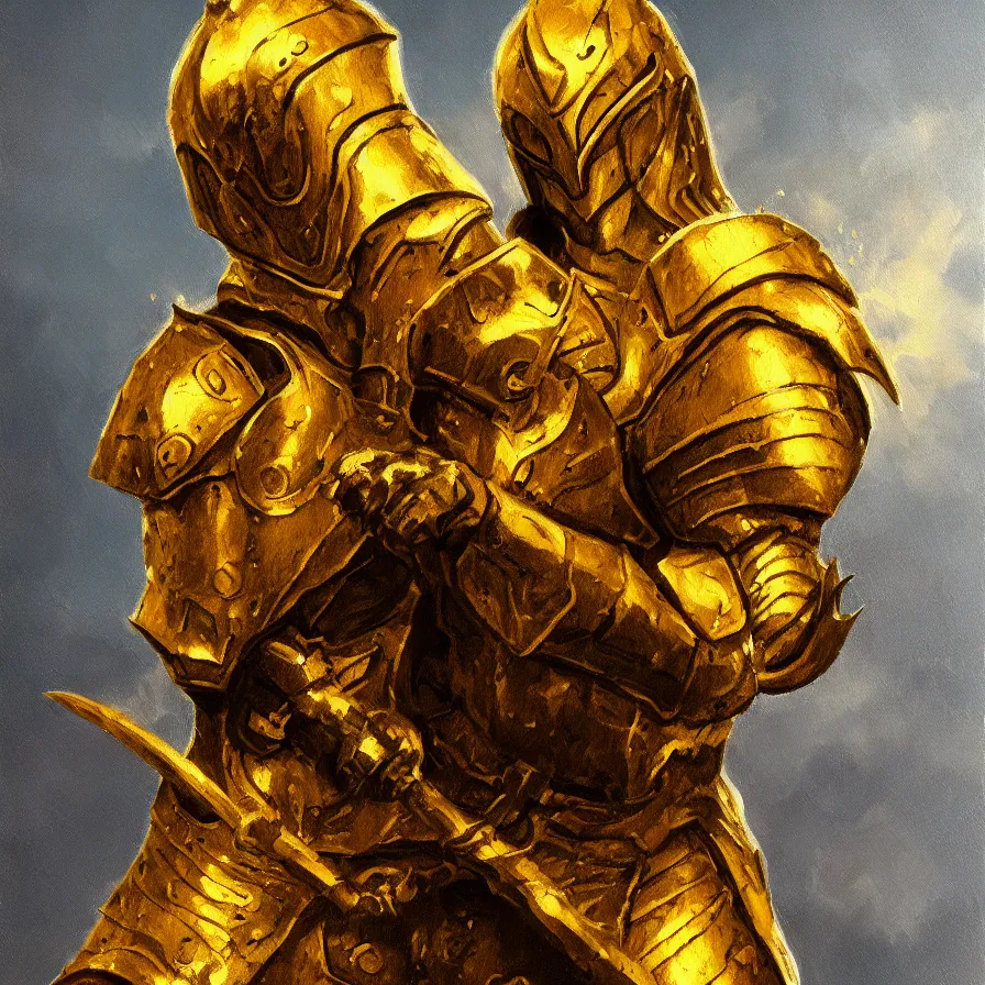 Prompt: golden knight, oil painting, extremely detailed, art station, concept art, faded pallette