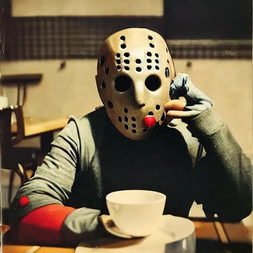 Prompt: photograph of jason voorhees having a coffee at an european caffé, light and cheerful photograph, nostalgic look