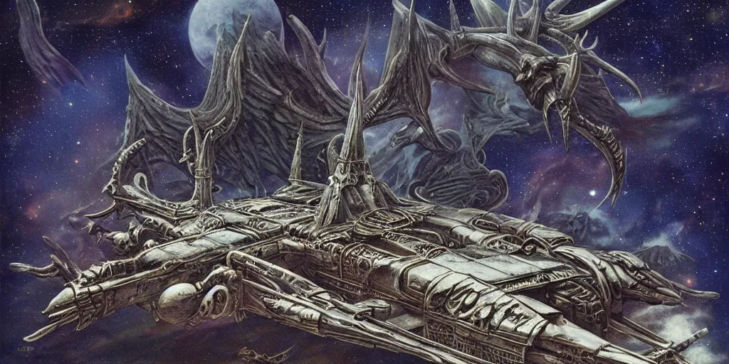 Image similar to baphomet spaceship!!!!! with antler made with porcelain by jeff easley and peter elson, galaxy, gothic, surreal, dread scary spaceship, highly detailed, intricate complexity, epic composition, magical atmosphere, masterpiece, award winning, trending on artstation