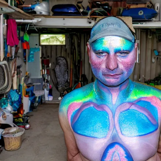 Prompt: a human standing in his garage, covered with iridescent bodypaint, shells and barnacles